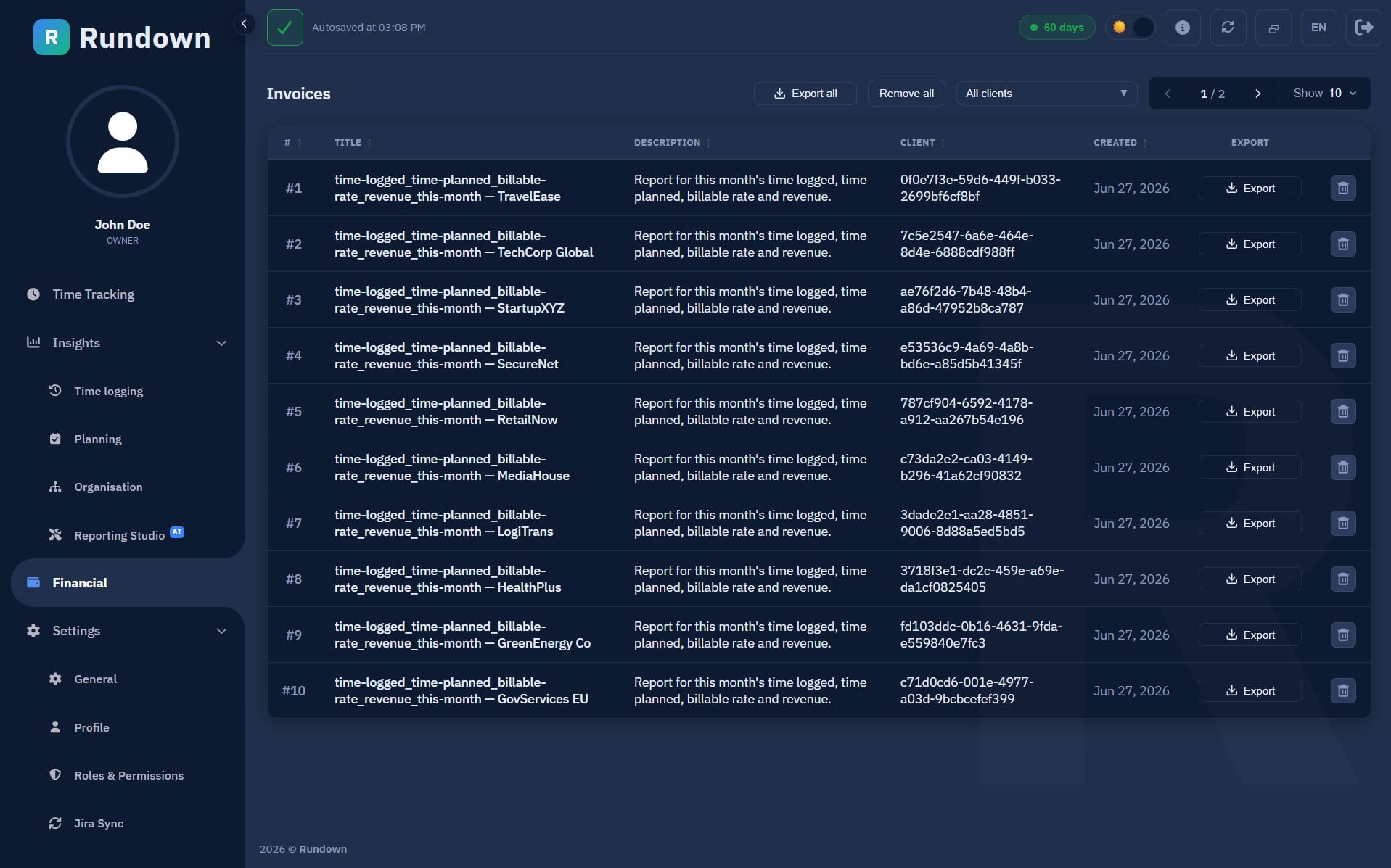 Finance & invoicing in Rundown
