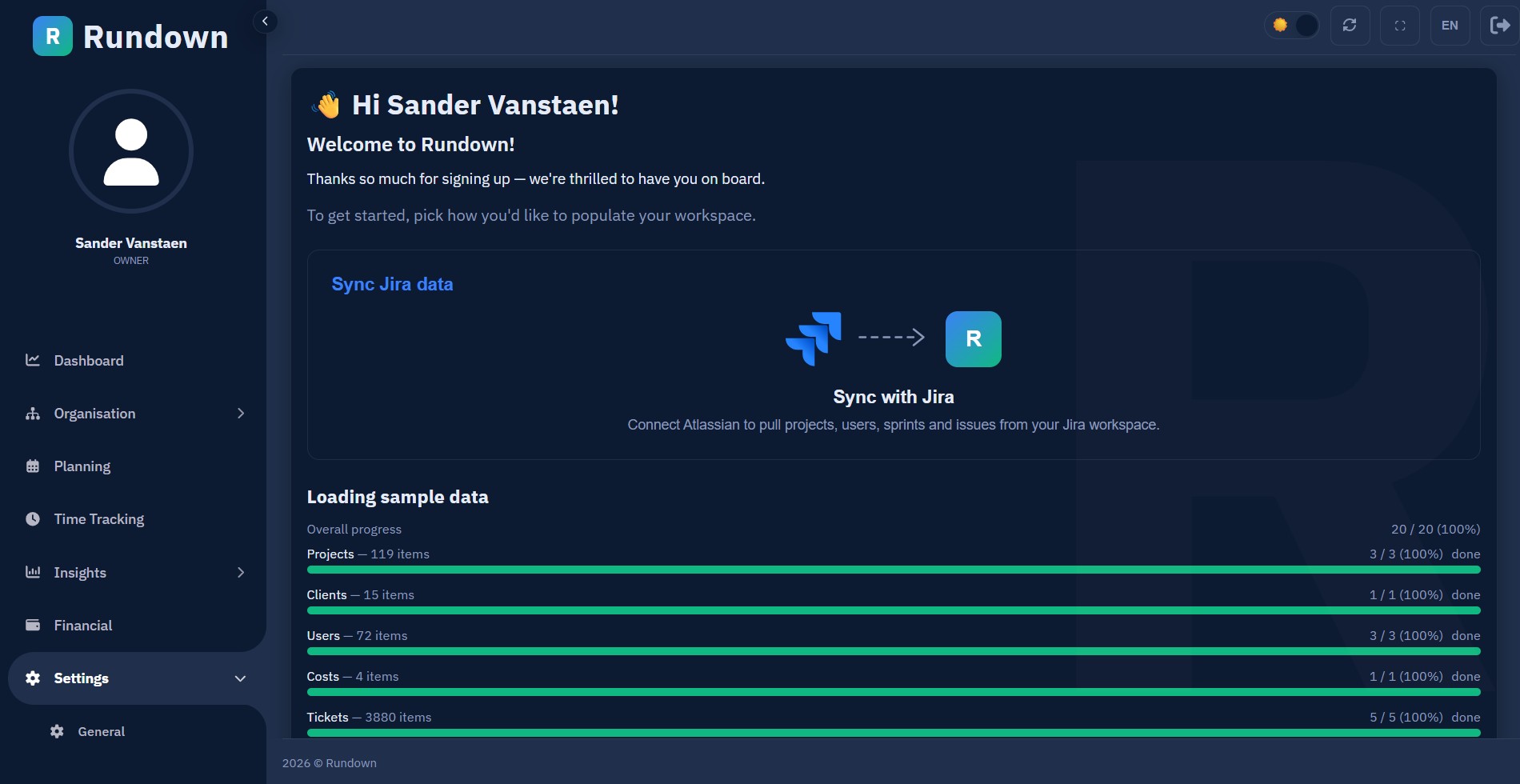 Rundown's Jira sync page — connect a Cloud workspace and watch projects, issues, sprints and worklogs stream in