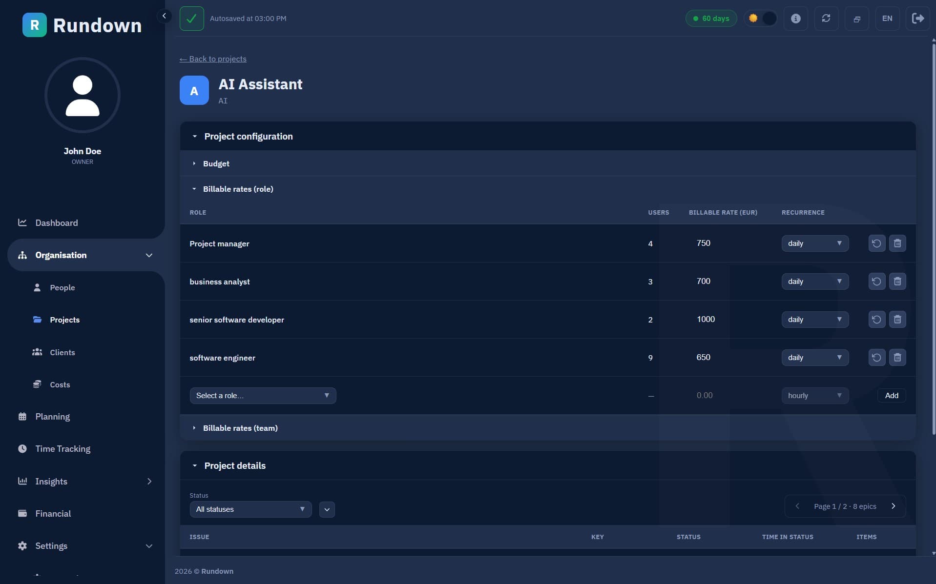 Projects & clients in Rundown