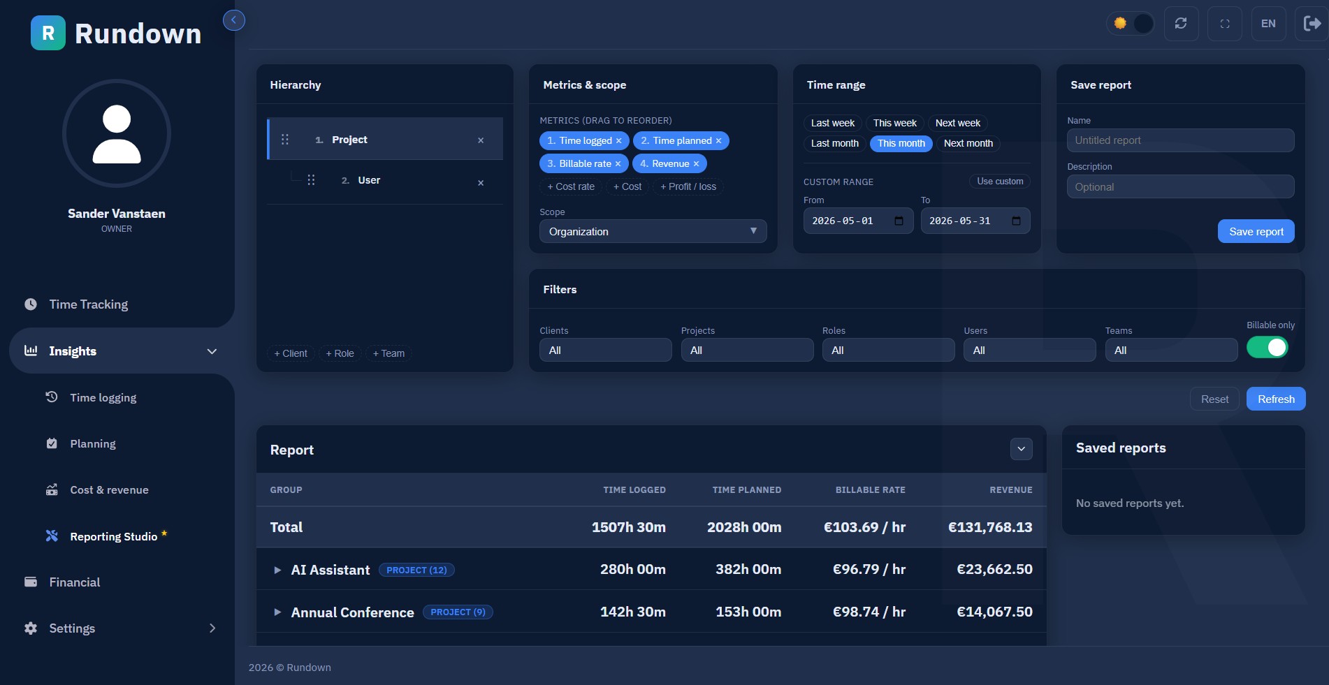 Reporting Studio — drag hierarchy levels, pick metrics, live results table