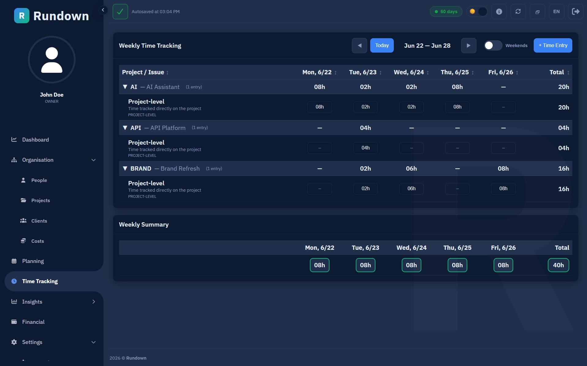 Time tracking in Rundown