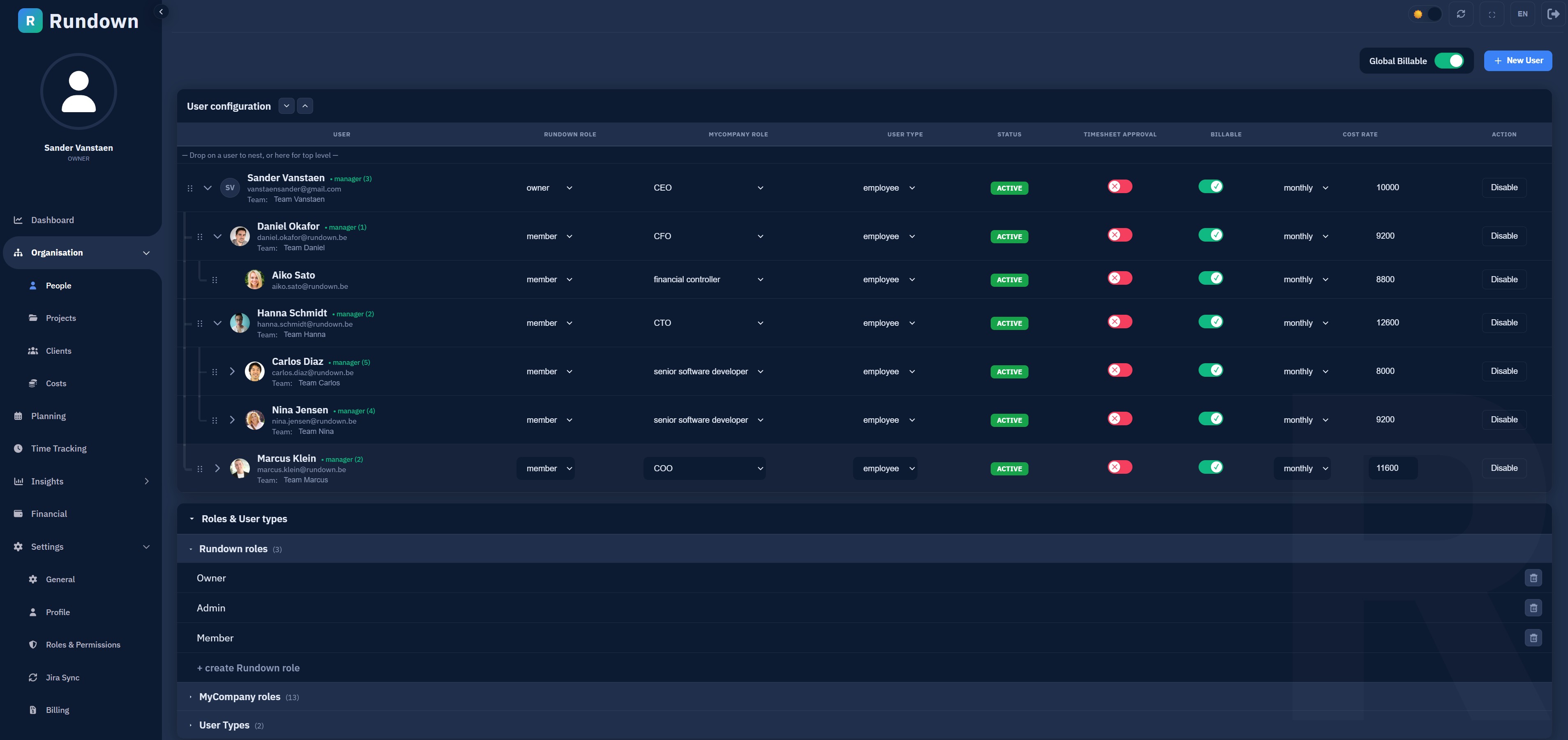 User, project, cost & client management screenshot in Rundown